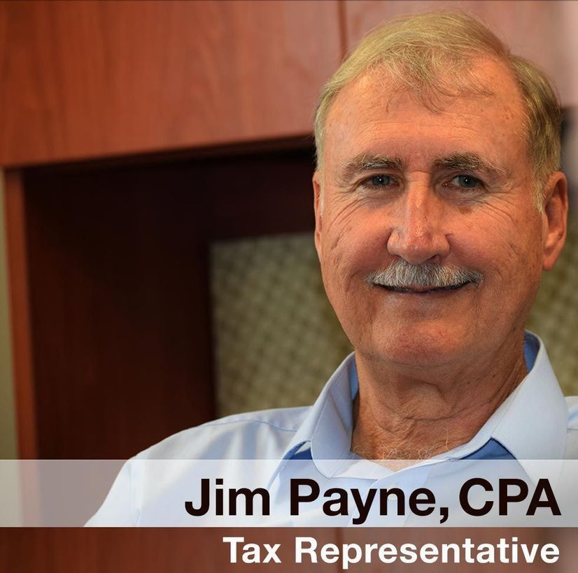 Jim Payne, CPA, Tax Representative, in a blue shirt against a wood-paneled office background