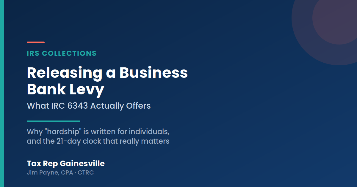Blue promotional graphic: “Releasing a Business Bank Levy” with white text and a small person illustration.
