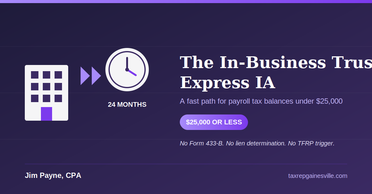 Purple business ad with building, fast-forward, and clock icons, titled “The In-Business Trust Express IA”
