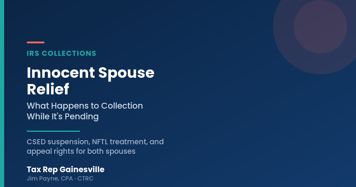 Innocent Spouse Relief title slide on dark blue background with white text and Tax Rep Gainesville logo