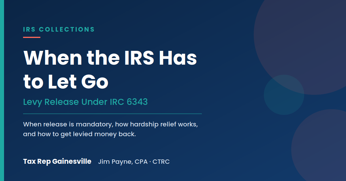 Blue webinar slide titled “When the IRS Has to Let Go” with subtitle on Revenue Procedure 2024-43 and Tax Rep