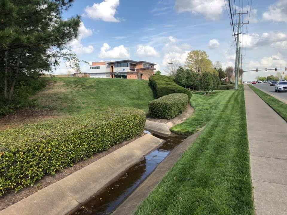 A stream running through a lush green field next to a sidewalk