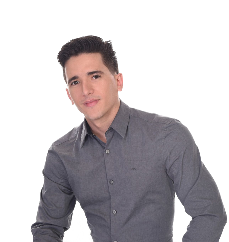Portrait of a person in a gray button-up shirt against a white background