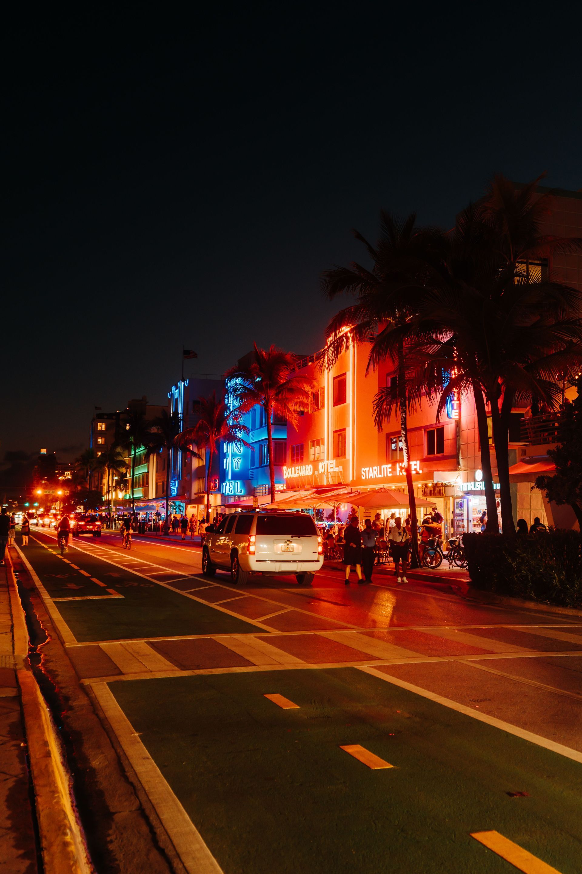 Nighttime city street with bright neon-lit buildings, palm trees, and cars driving along a wet road