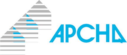 Le logo d'apcha est bleu et gris avec un triangle au milieu.