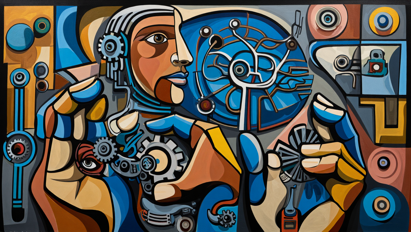 Pintura abstracta: robot con engranajes expuestos, sosteniendo y examinando componentes, rodeado de formas geométricas.