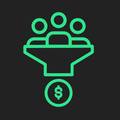 Icono de embudo verde con personas en la parte superior y un signo de dólar en la parte inferior, que simboliza conversión o ventas.