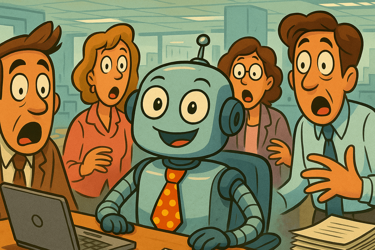 Un robot con corbata sonríe a una computadora portátil mientras los trabajadores de oficina lo miran en estado de shock.