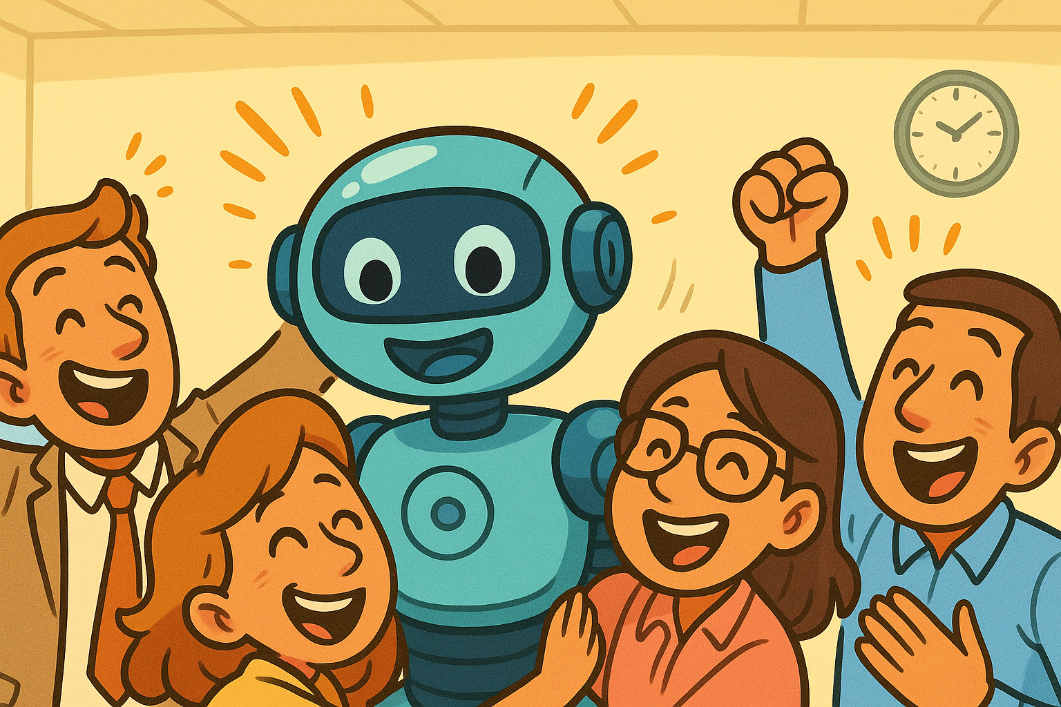 Grupo de personas abrazando felizmente a un robot sonriente en un entorno de oficina.