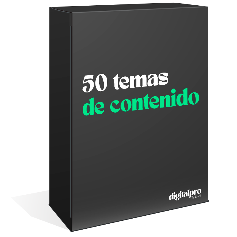 Recuadro negro con texto “50 temas de contenido” en blanco y verde, logo de Digitalpro en la parte inferior.