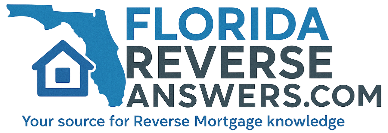Logo for Florida Reverse Answers: Florida outline with house icon, text