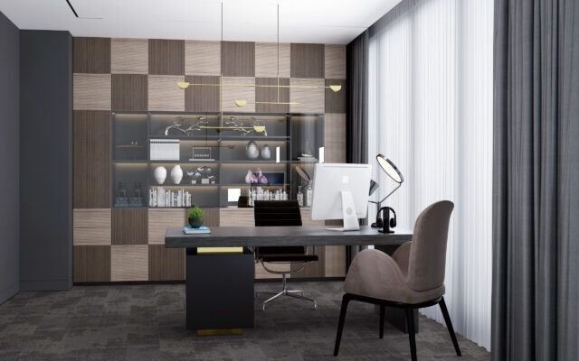 Modern home office with desk, chair, shelves, and large window with sheer curtains