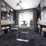 Modern home office with dark bookshelves, a central desk, and large window curtains