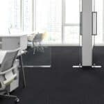 Modern office interior with desks, chairs, large windows, and black carpet flooring.