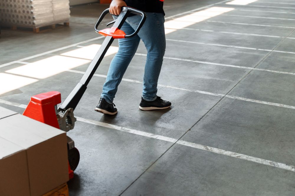 Person using a red pallet jack to move boxes across a warehouse floor