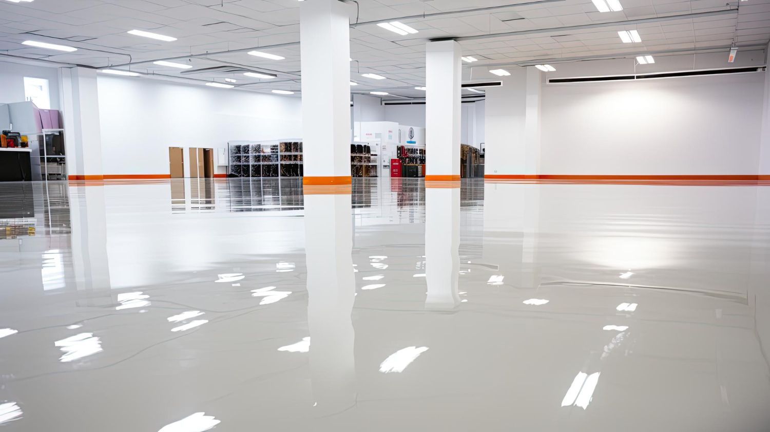 A wide view of a spacious, empty room with glossy white floors and columns, reflecting the overhead ceiling lights.