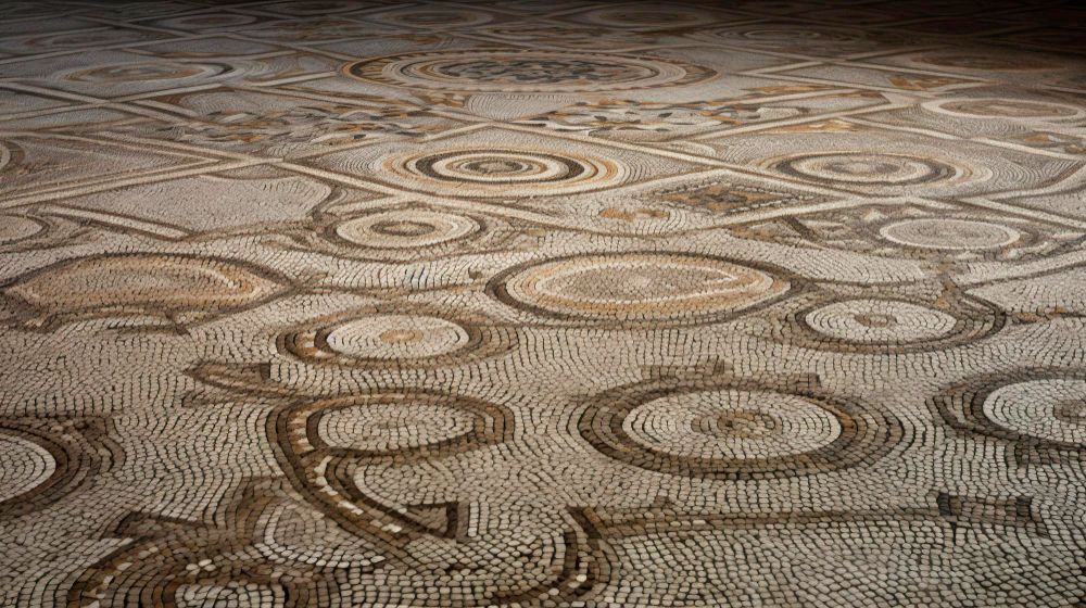 A detailed, ancient Roman-style stone mosaic floor featuring geometric patterns, interlocking circles, and flowing lines.