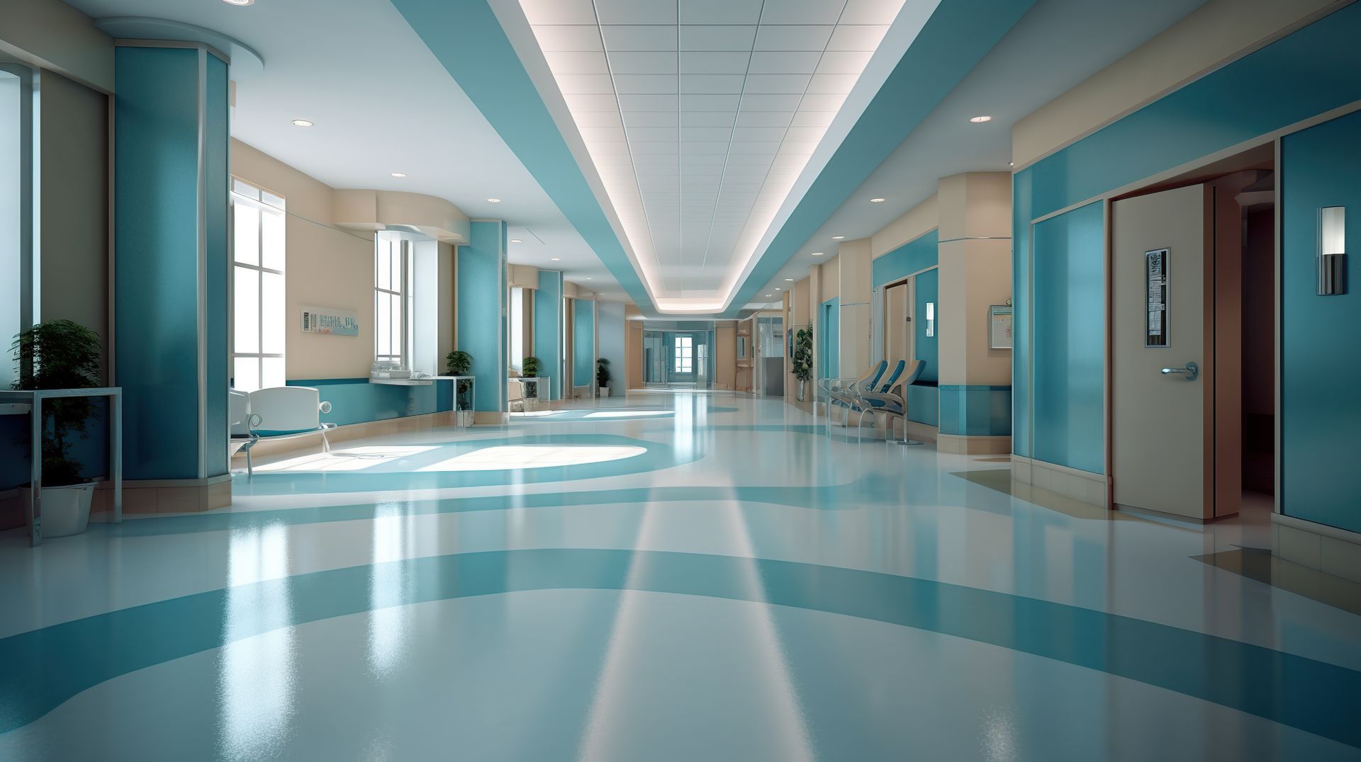 Bright, empty hospital corridor with blue-and-white floors and walls, lit by skylights and overhead lights