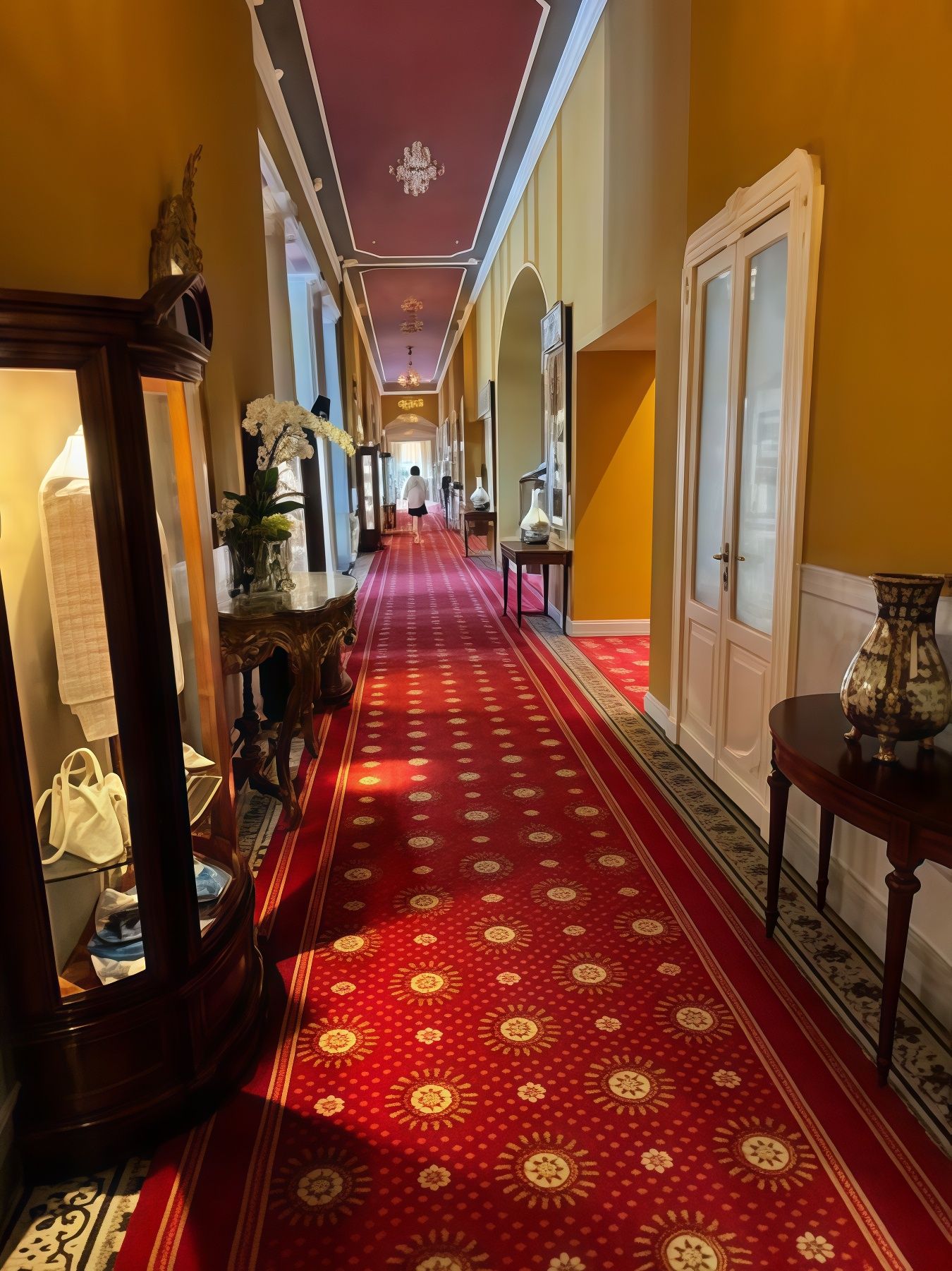 Elegant hotel hallway with red patterned carpet, yellow walls, chandeliers, and antique furnishings.