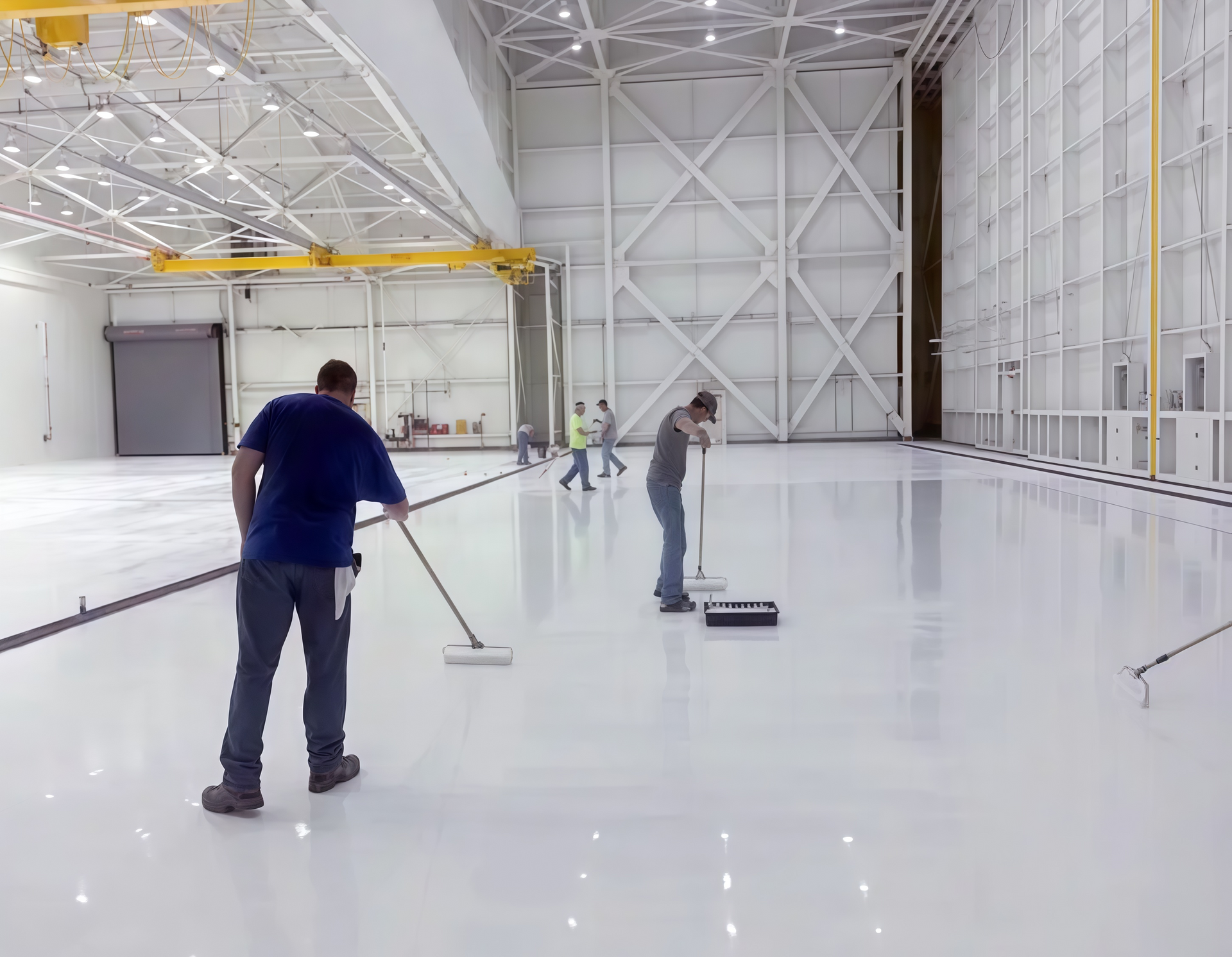 Workers smoothing a glossy white floor in a large industrial warehouse