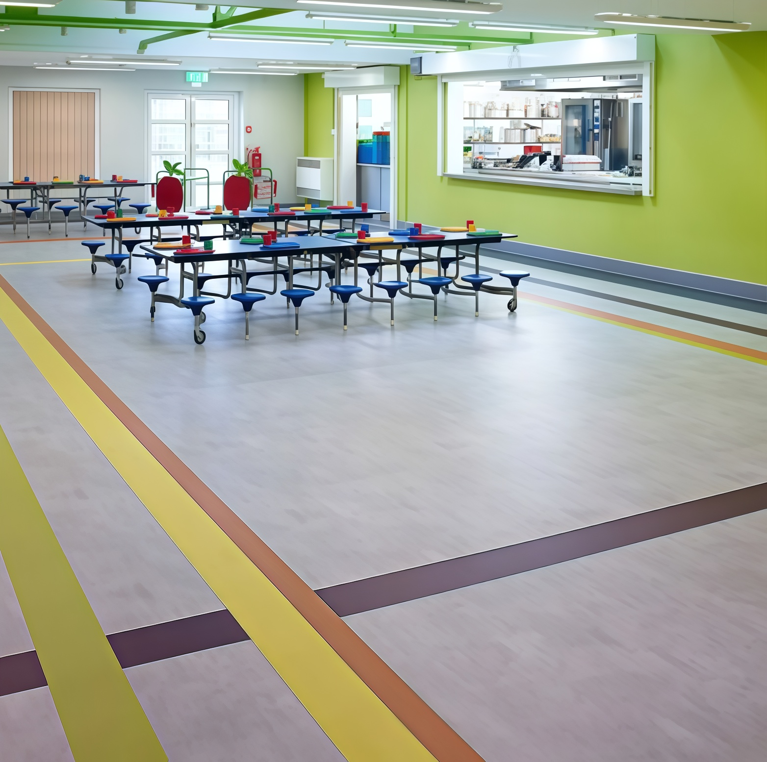 Bright school cafeteria with blue tables, lime green walls, and colorful floor stripes
