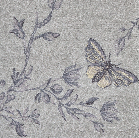 Butterfly pattern on light gray fabric with delicate floral vines