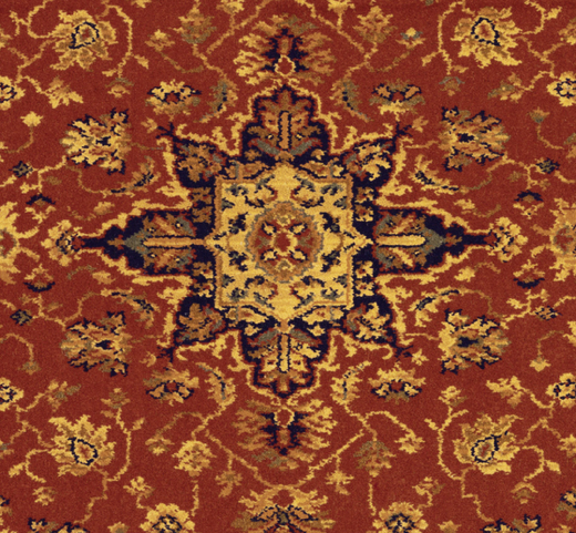 Red and gold patterned rug with a blue-and-cream center medallion
