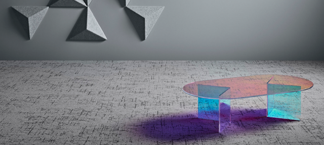 Abstract 3D scene with translucent cyan and pink blocks on a textured gray floor, casting purple shadows