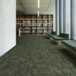 Modern library interior with tall windows, green carpet, and wooden bookshelves in the background