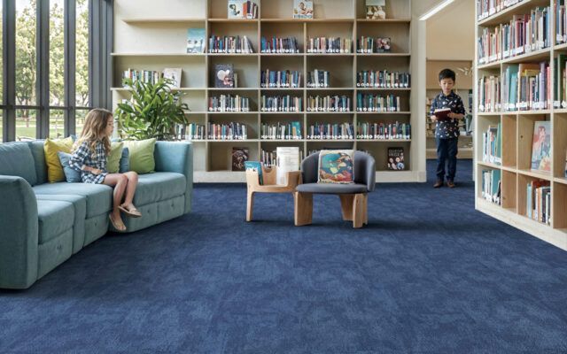 Library seating area with blue carpet, bookshelves, a child on a couch, and another person browsing books.