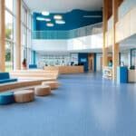 Modern lobby with blue flooring, curved white balcony, and round seating in a bright, airy interior