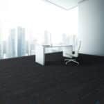 Minimal modern office with white desk and chair in a bright room with city skyline windows