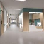 Bright hallway with white walls, gray floor, and a teal-and-wood reception desk on the right.