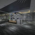 Modern hotel lobby with dark striped ceiling, marble reception desk, and gray stone walls