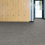 Empty room with gray carpet, light wood wall panels, and a bright glass door.