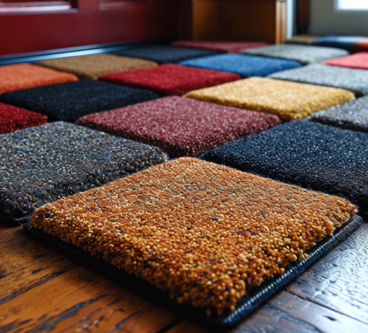 Colorful square carpet samples arranged on a wooden floor, with a textured brown sample in the foreground