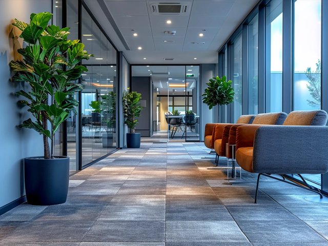 Modern office lounge with gray sofas, potted trees, and large windows along a tiled hallway