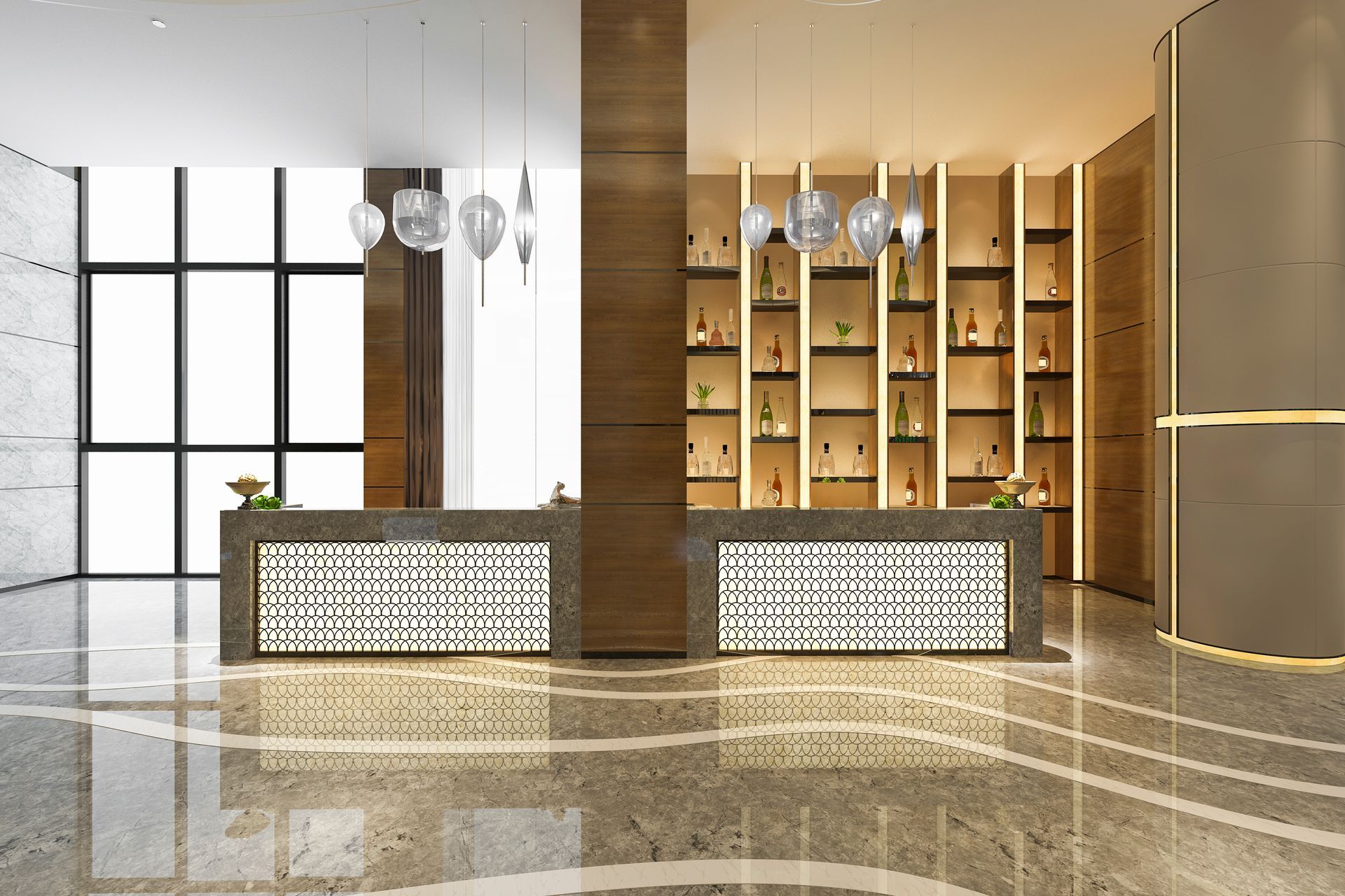 A hotel lobby reception desk with a patterned stone front, polished marble floors, and backlit wooden display shelves.