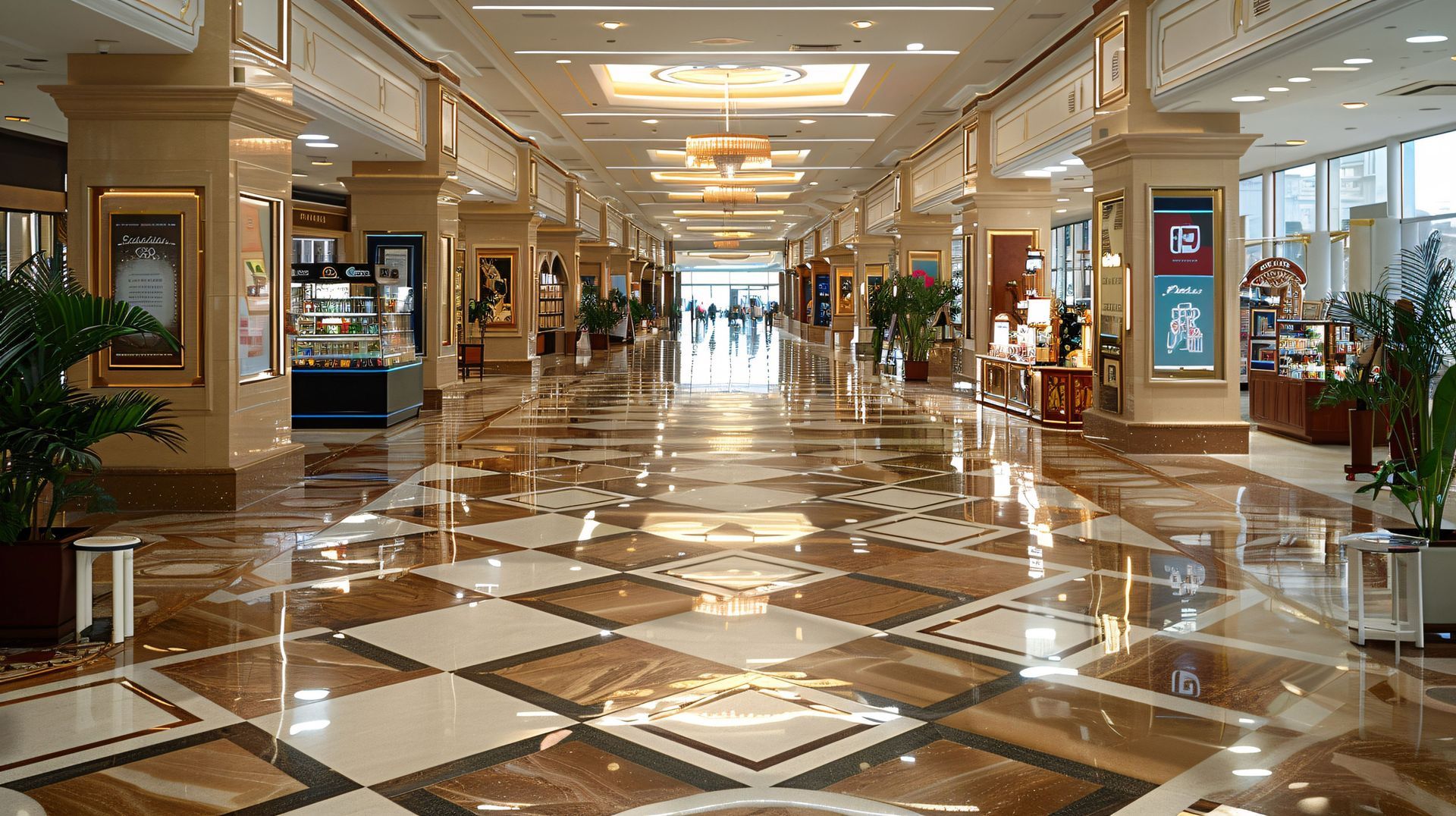 A long, polished marble hallway in a luxurious building with beige pillars, elegant ceiling lights, and potted plants.