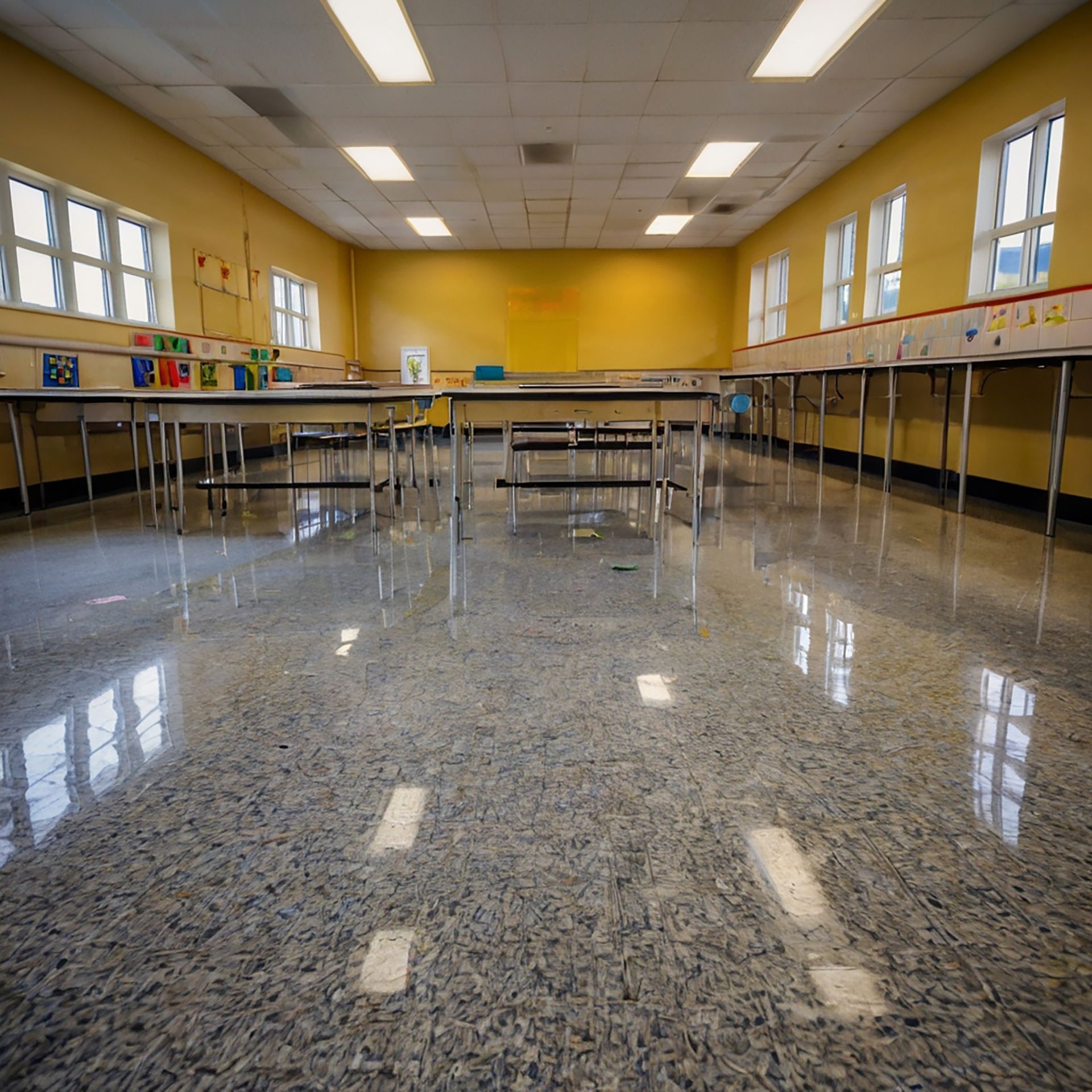 A bright, empty classroom with yellow walls, rows of metal tables, and a highly polished, reflective floor.