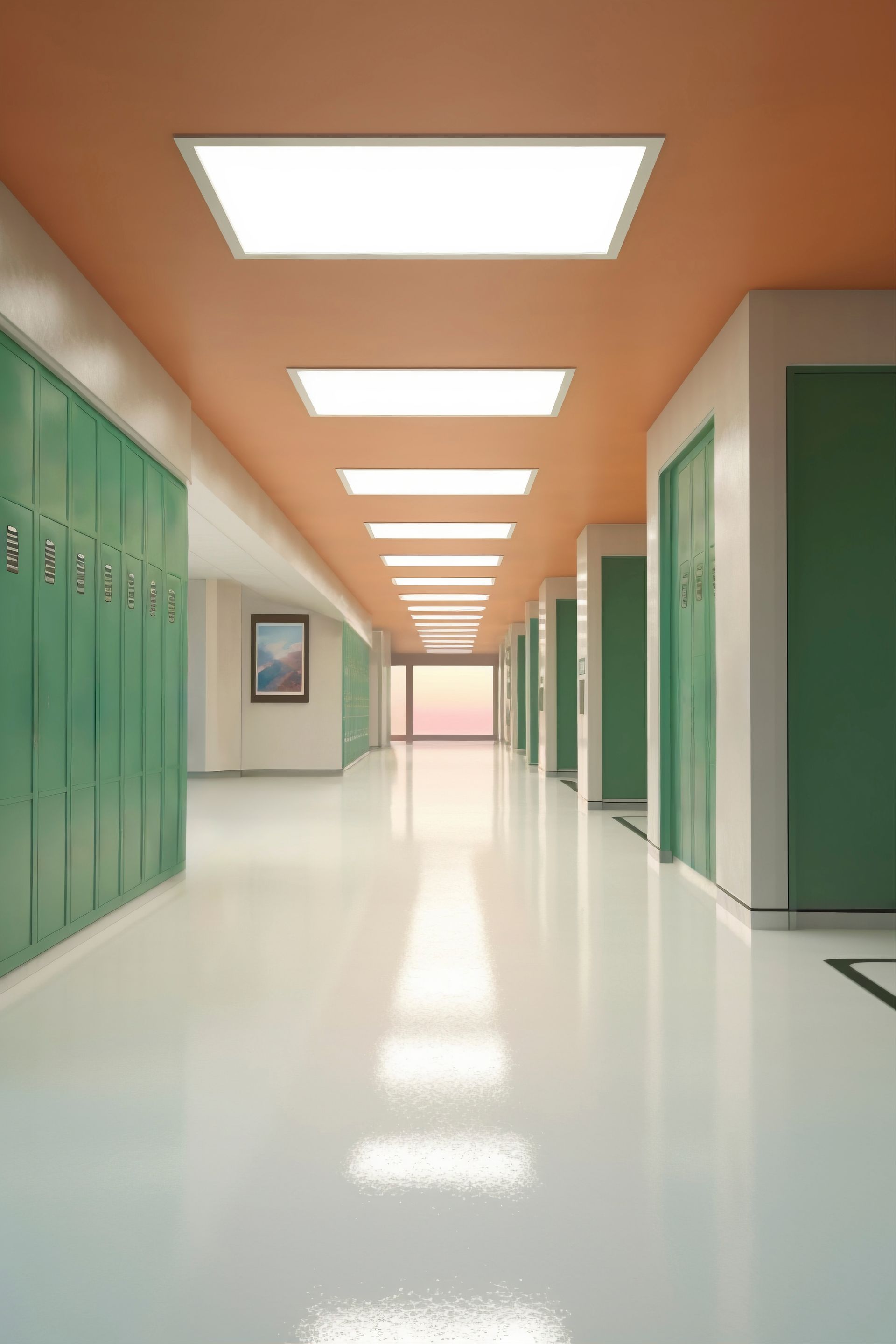 Empty school hallway with green lockers, white floor, and bright ceiling lights