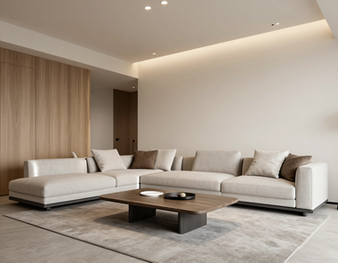 Modern living room with beige sectional sofa, wooden coffee table, and neutral walls and rug.