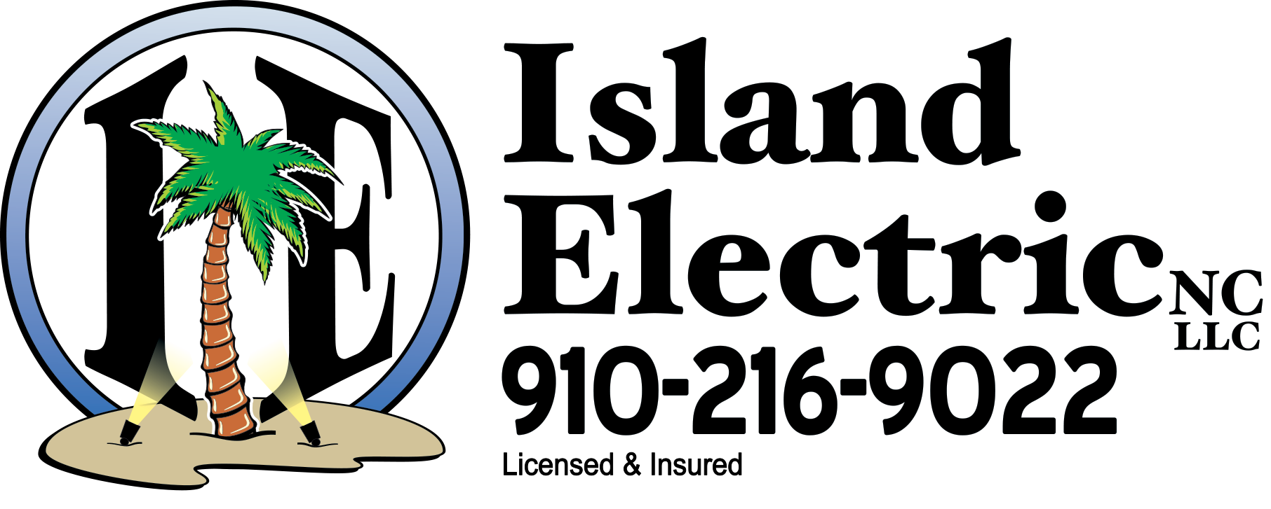 Island Electric logo with palm tree, large text, and phone number 910-216-9022