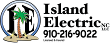 Island Electric LLC logo with palm tree and beach graphic, black text, and phone number 910-216-9022