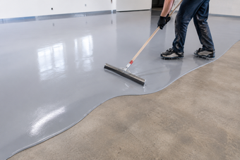 Professional installer spreading gray epoxy coating across a concrete floor with a long-handled squeegee.