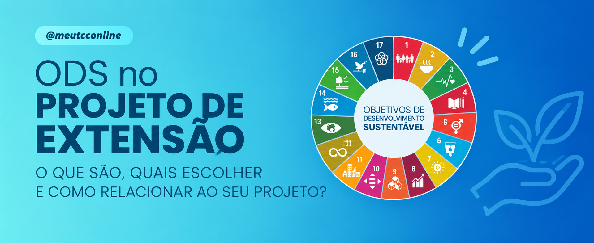 ODS no projeto de extensão, com círculo colorido e mãos verdes em fundo azul claro.