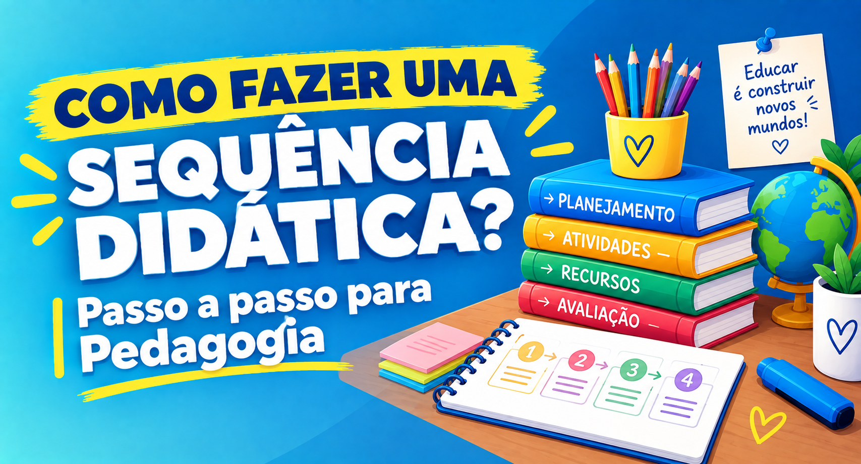 Capa colorida sobre “Como fazer uma sequência didática? 1 passo a passo para Pedagogia”, com livros e materiais escolares.