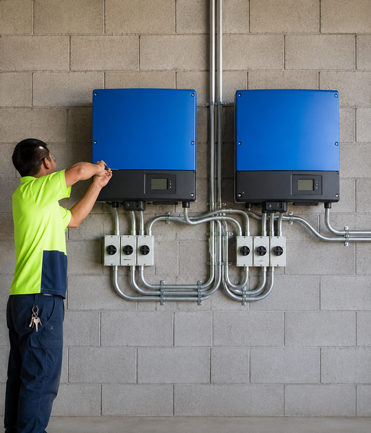 Worker mounting blue solar inverter units for Inverter and Backup Battery Installation in Addis Ababa.