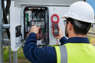 Engineer testing electrical components during an Inverter and Backup Battery Installation in Addis Ababa.