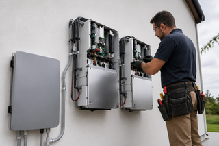 Technician servicing wall-mounted power inverters for Inverter and Backup Battery Installation in Addis Ababa.